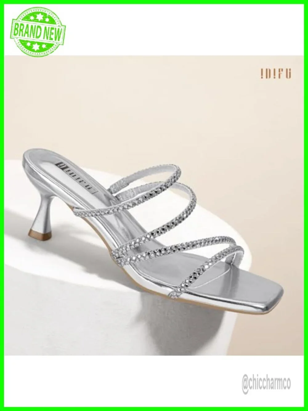 IDIFU Rhinestone Strappy Slingback Kitten Heels Sandals Women's Slip On